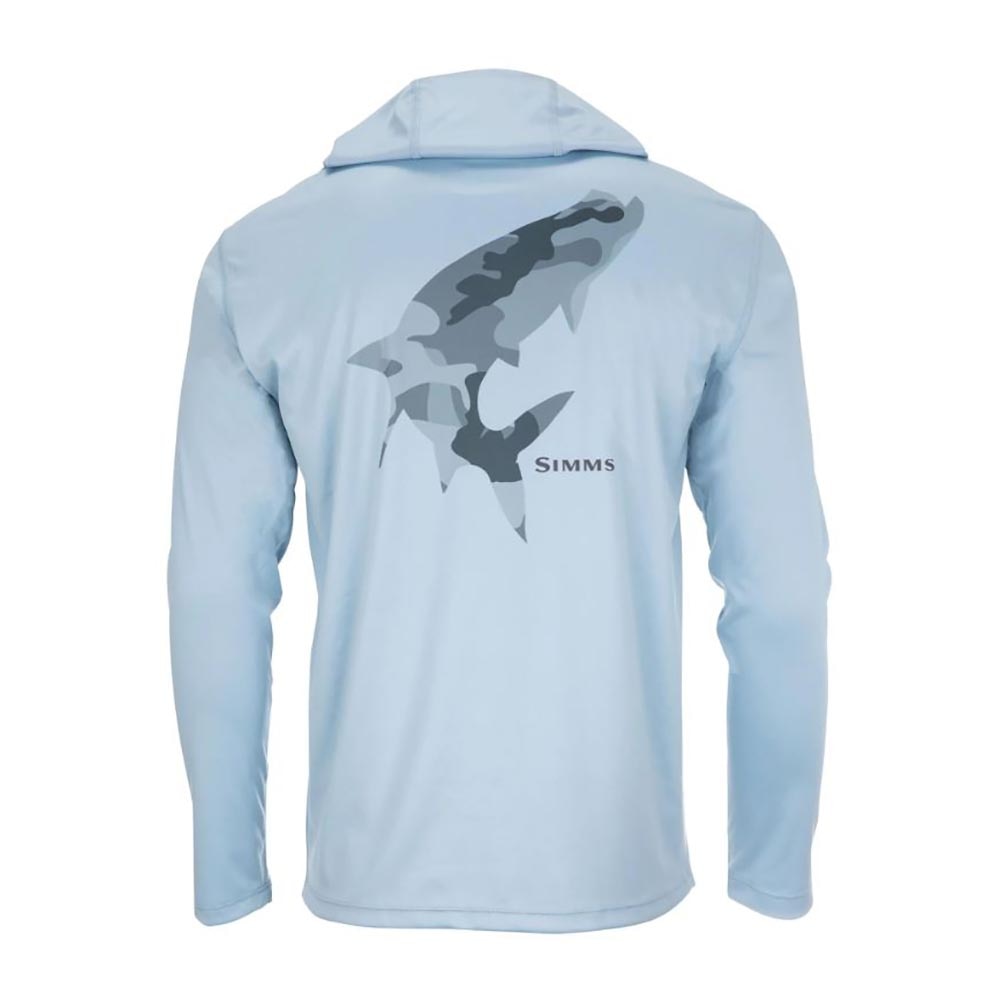 Fishwest Logo Simms Tech Hoody Men's in Tarpon Woodland Camo Steel and Steel Blue